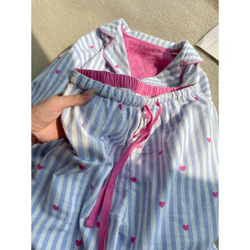 MQTIME  -  Ins Korean Version of Sweet Love Printing Striped Pajamas Women's Spring and Autumn New Long-sleeved Trousers Loungewear Set